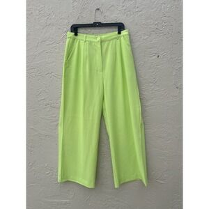 WeWoreWhat Lime Green Wide Leg Pleated Trousers High Waist Neon Pants Size 12